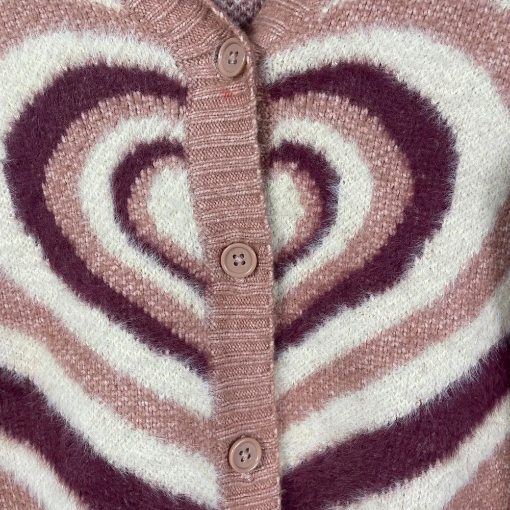 LA Hearts Cropped Cardigan Sweater Brown Beige Red Heart Illusion Pattern‎ S